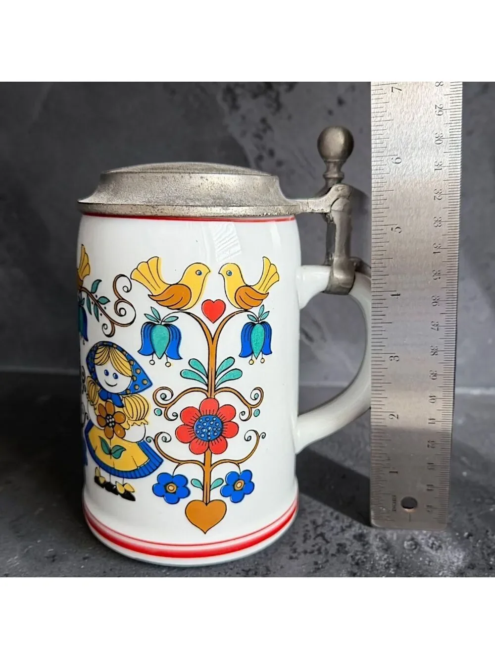 Vintage 1970s Rastal Grenzhausen German Beer Stein Pewter Lid Folk Art